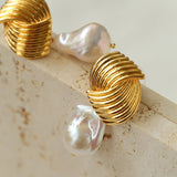 Baroque Pearl Twisted Metal Stripe Texture Earrings - floysun