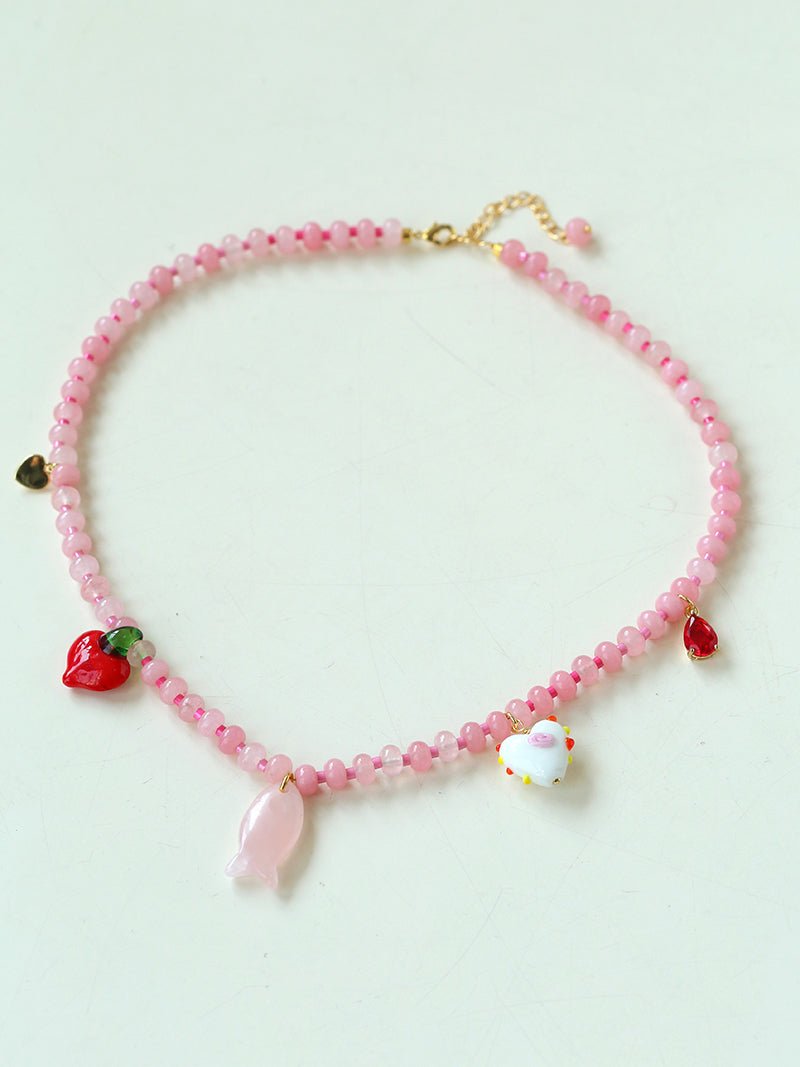 Beating Heart & Fish Beaded Necklace in Soft Pink - floysun