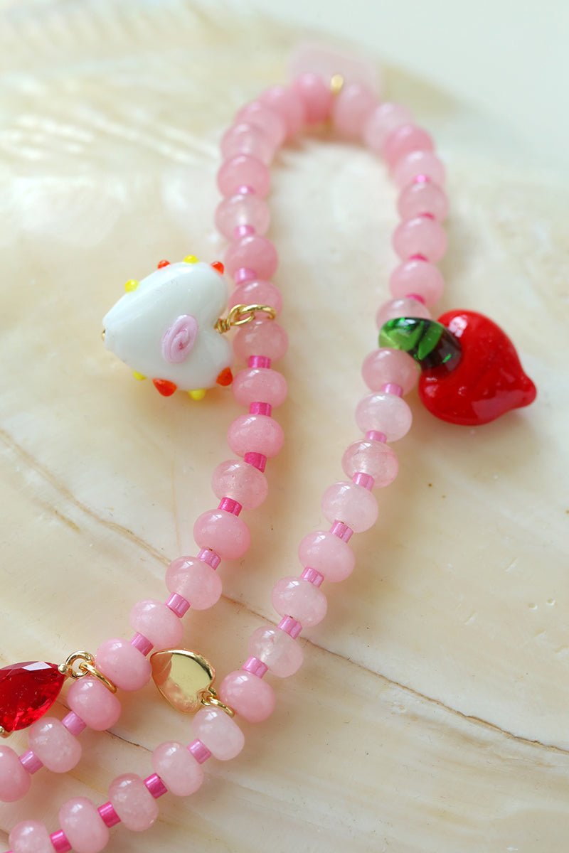 Beating Heart & Fish Beaded Necklace in Soft Pink - floysun
