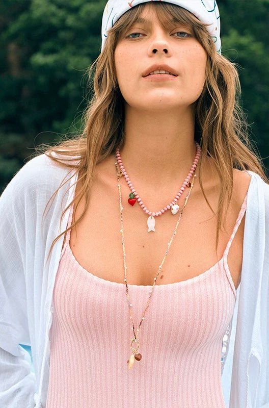 Beating Heart & Fish Beaded Necklace in Soft Pink - floysun