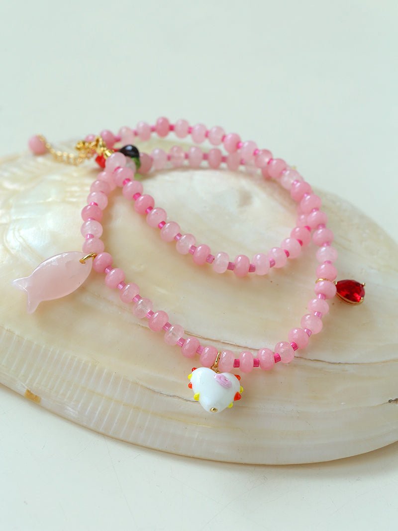 Beating Heart & Fish Beaded Necklace in Soft Pink - floysun