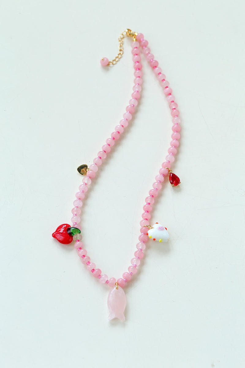 Beating Heart & Fish Beaded Necklace in Soft Pink - floysun