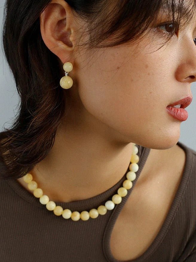 Beige Yellow Jade Double Ball Earrings - floysun