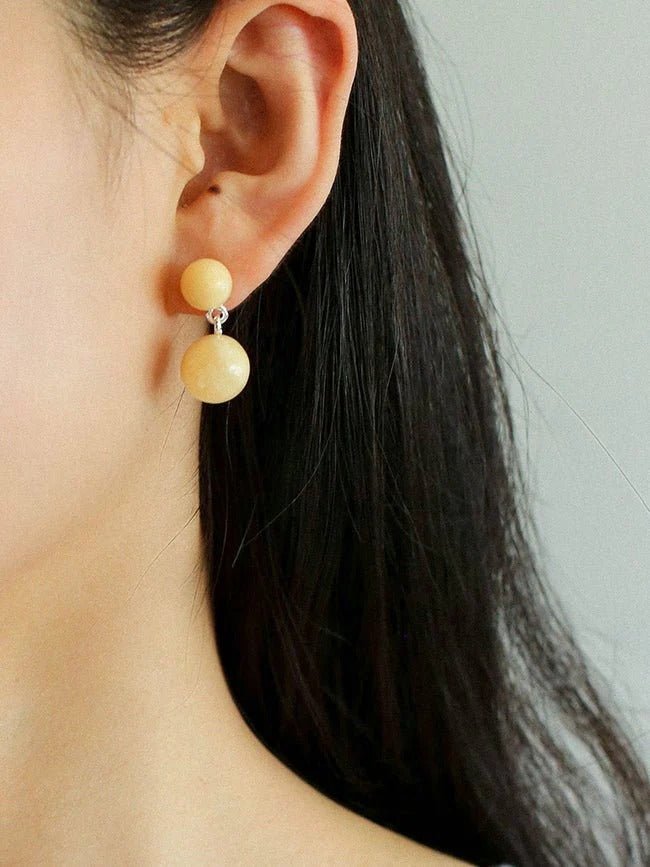 Beige Yellow Jade Double Ball Earrings - floysun