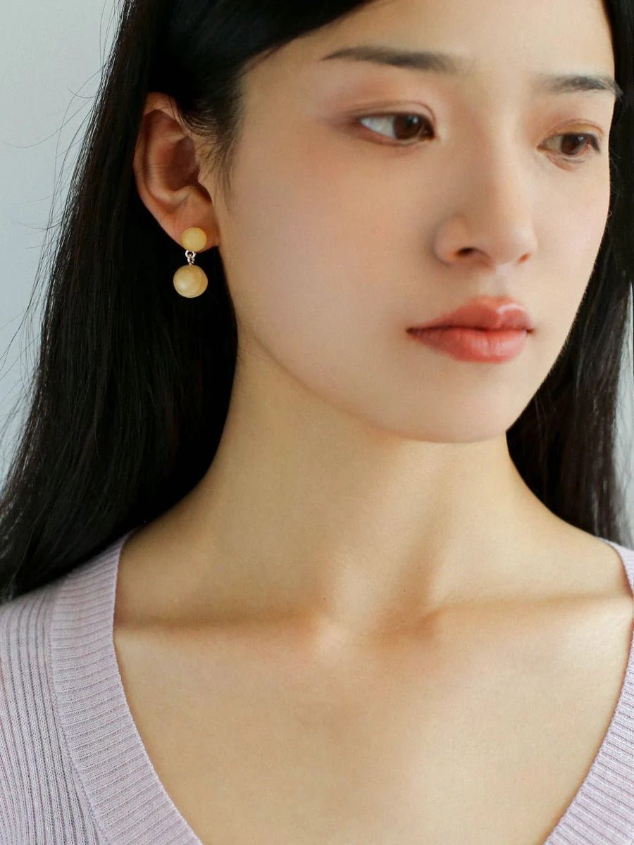 Beige Yellow Jade Double Ball Earrings - floysun