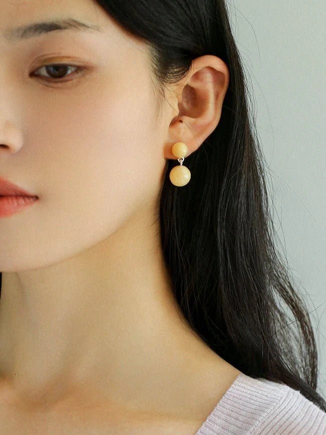 Beige Yellow Jade Double Ball Earrings - floysun