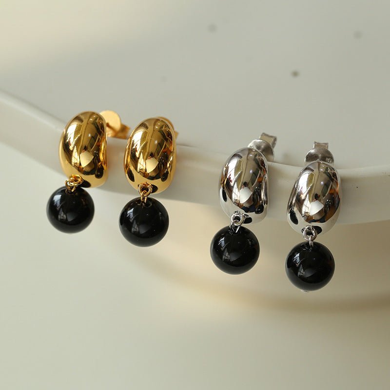 Black Agate Drop Huggie Earrings - floysun