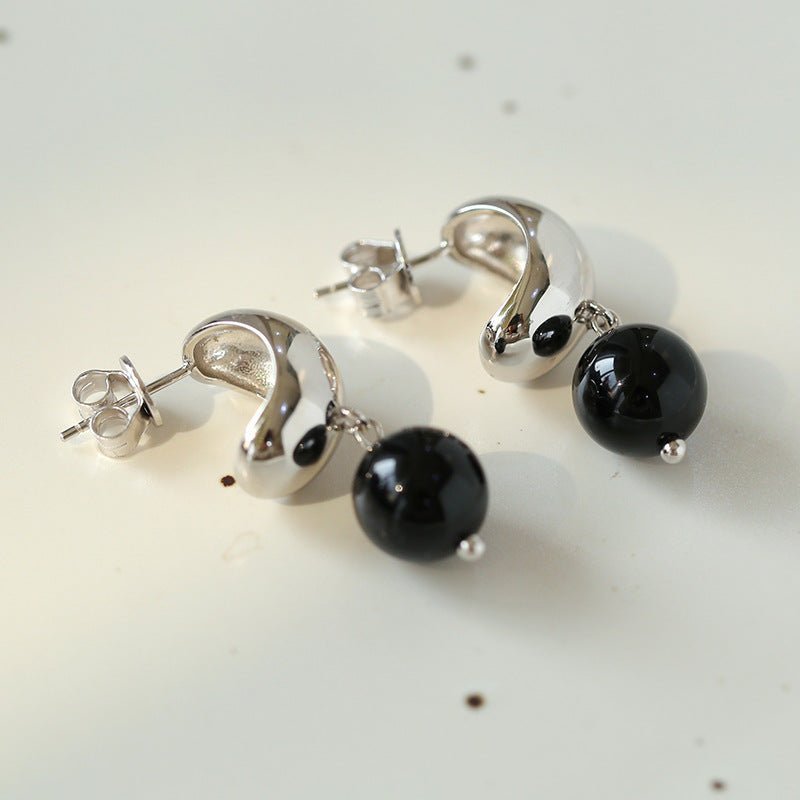 Black Agate Drop Huggie Earrings - floysun