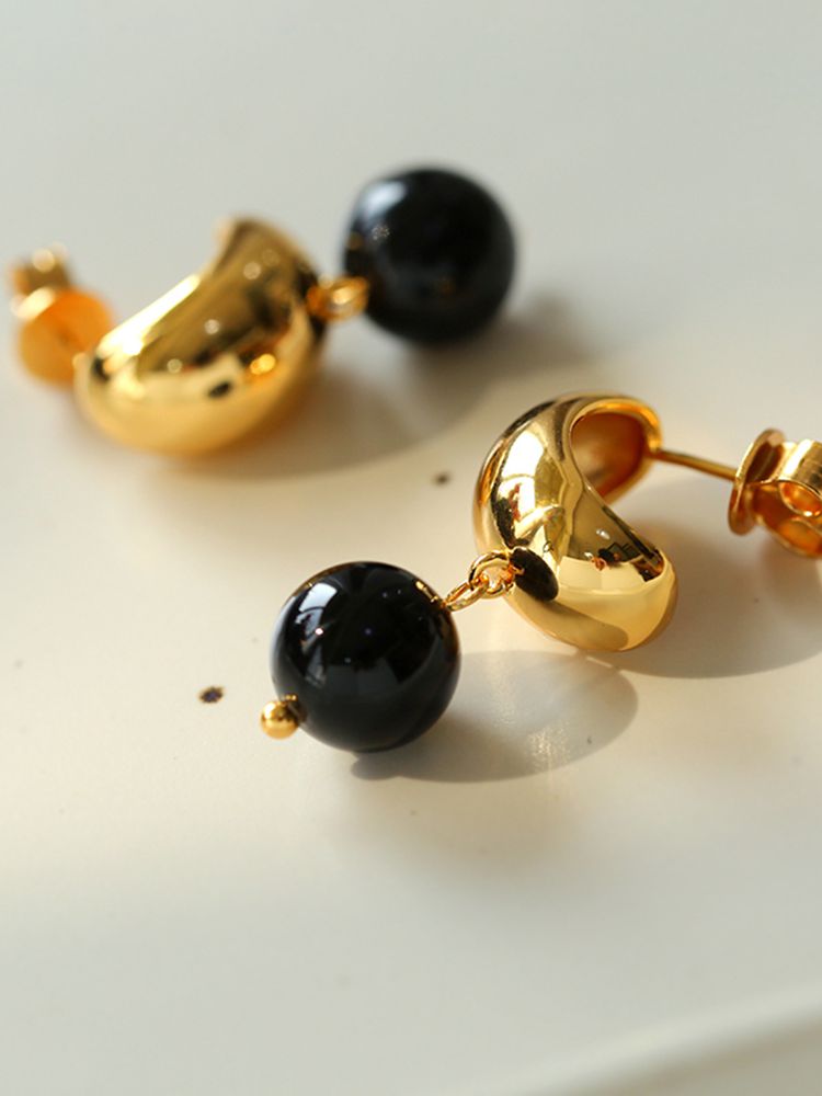Black Agate Drop Huggie Earrings - floysun