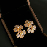 Black Agate White Crystal Rose Quartz Four - leaf Clover Stud Earrings - floysun