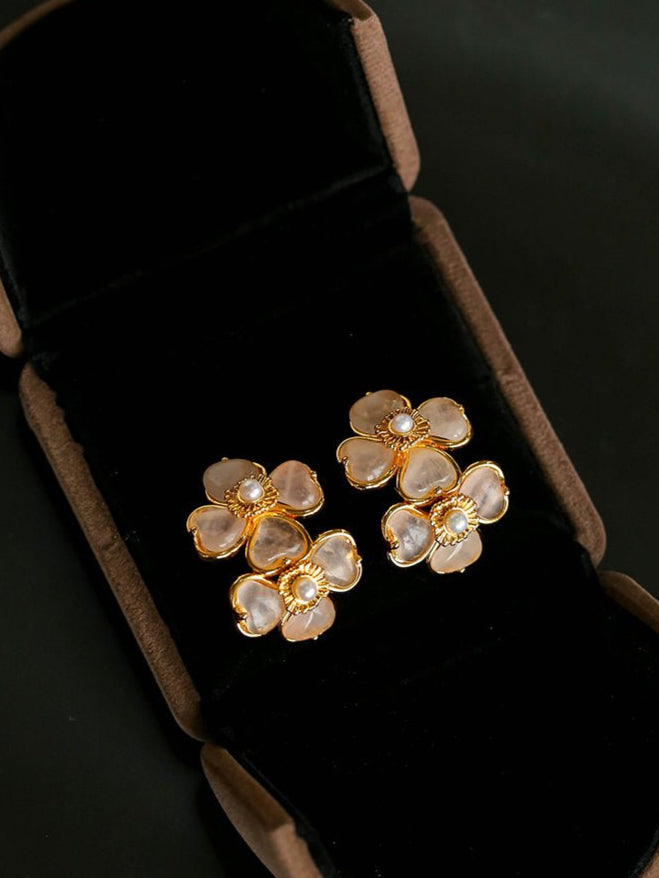 Black Agate White Crystal Rose Quartz Four - leaf Clover Stud Earrings - floysun