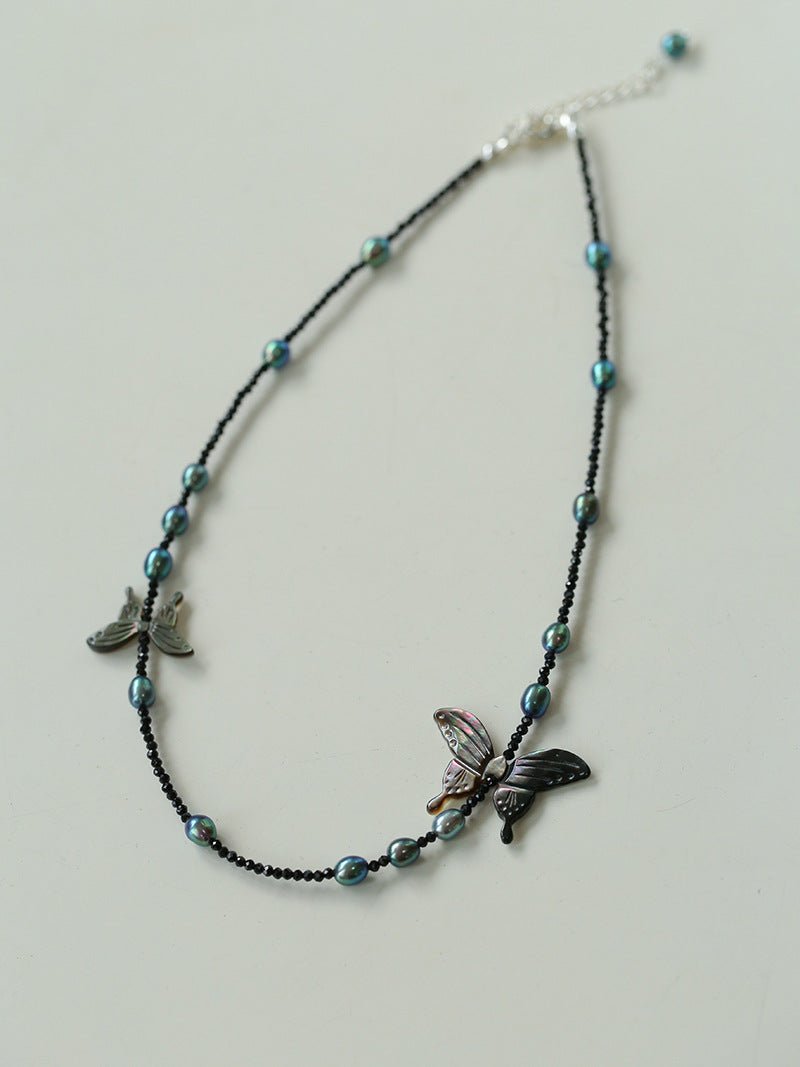 Black Butterfly Black Spinel Pearl Beaded Necklace - floysun