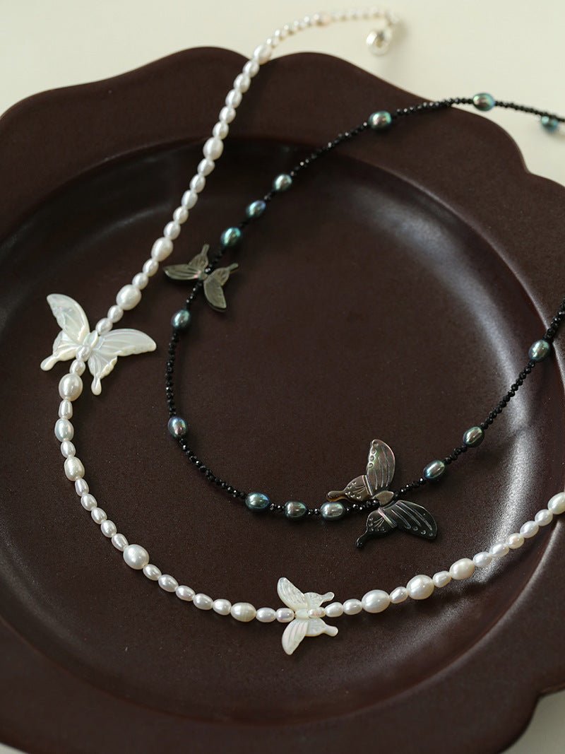 Black Butterfly Black Spinel Pearl Beaded Necklace - floysun
