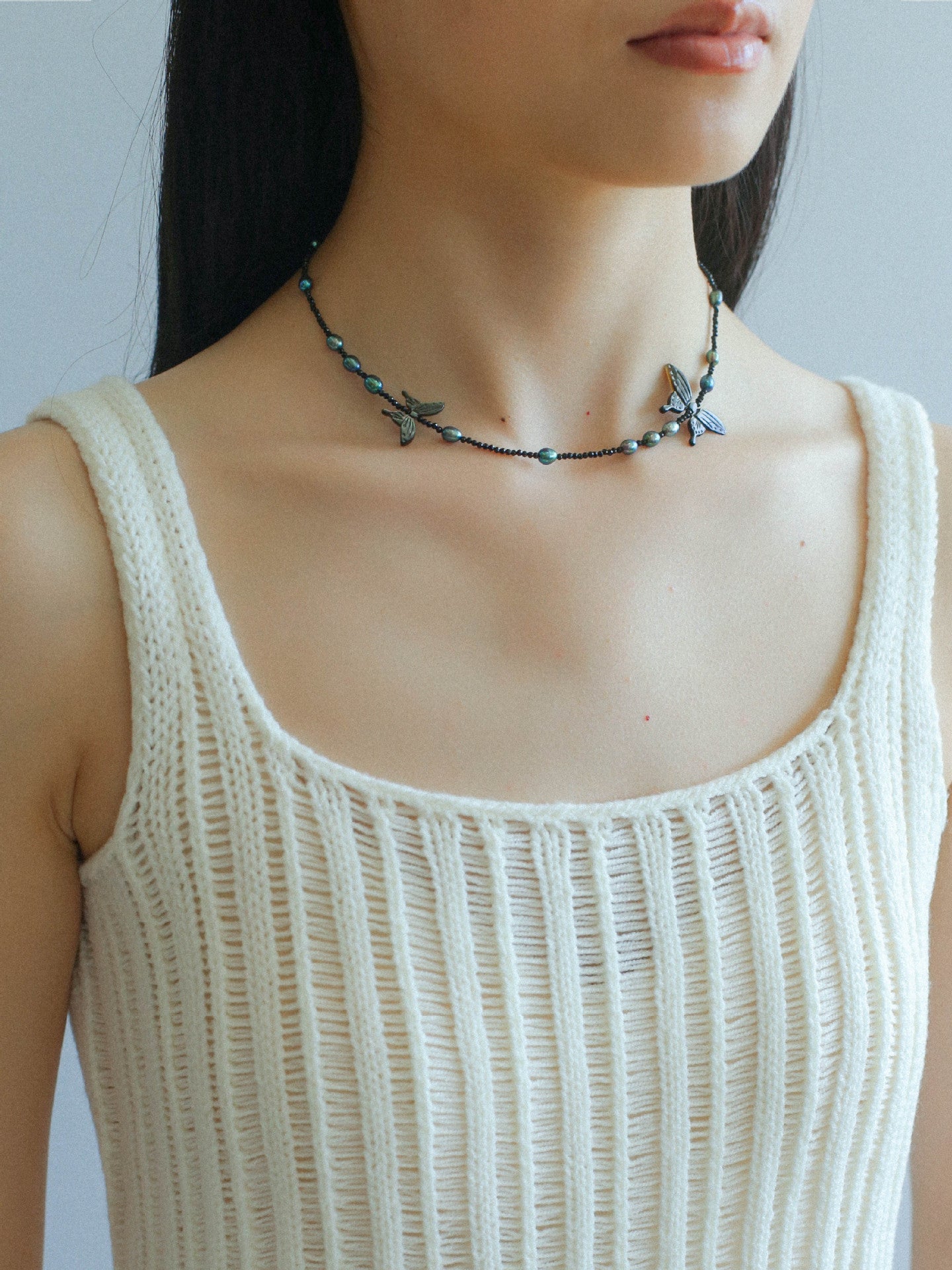 Black Butterfly Black Spinel Pearl Beaded Necklace - floysun