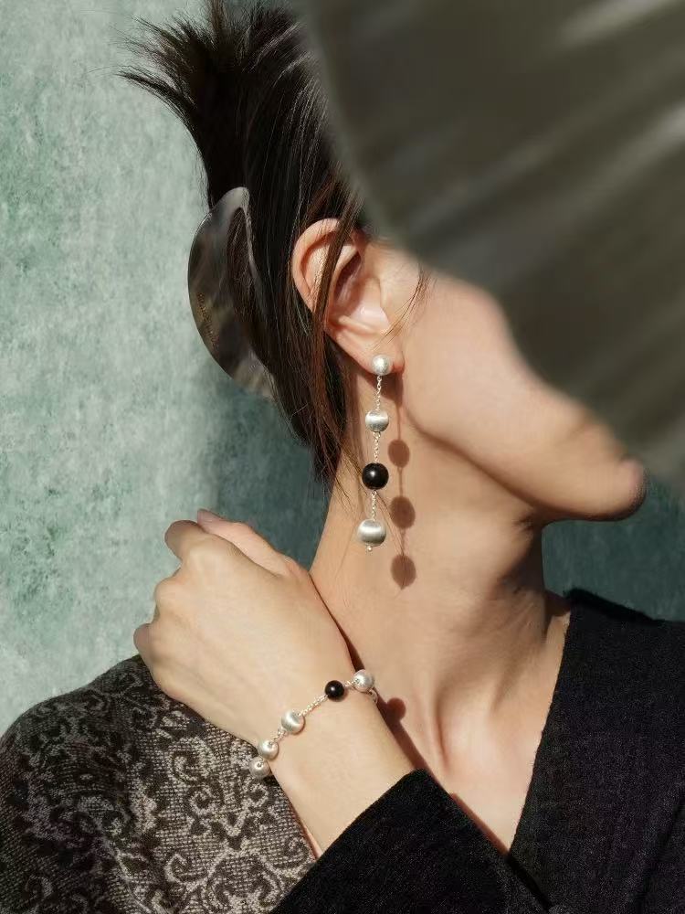 Black Ebony Wood and Brushed Silver Ball Bracelet - floysun