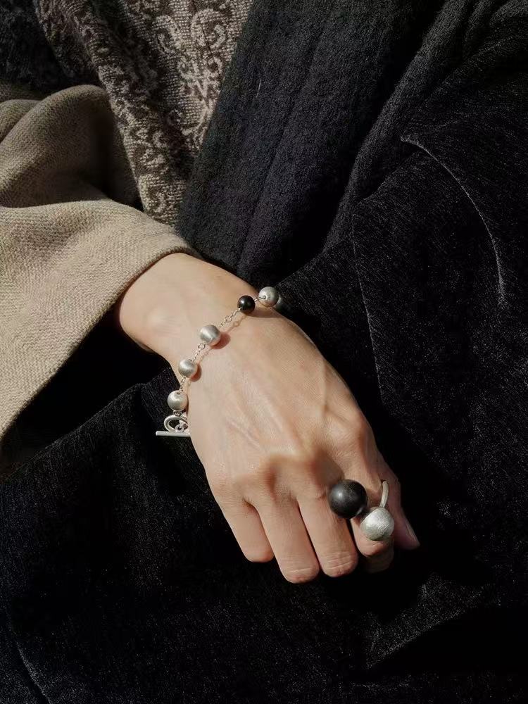 Black Ebony Wood and Brushed Silver Ball Bracelet - floysun