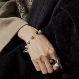 Black Ebony Wood and Brushed Silver Ball Bracelet - floysun