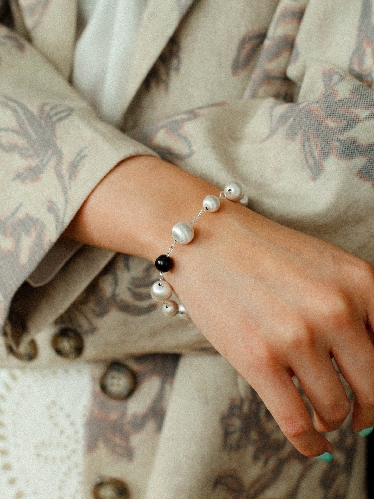 Black Ebony Wood and Brushed Silver Ball Bracelet - floysun