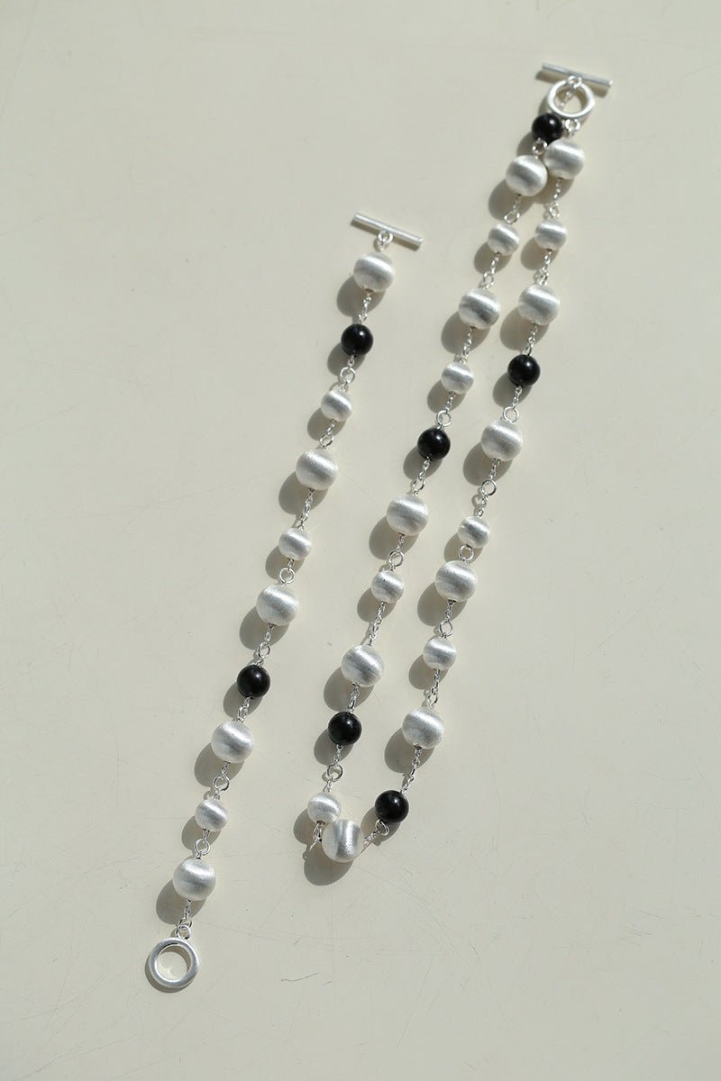 Black Ebony Wood and Brushed Silver Ball Bracelet - floysun