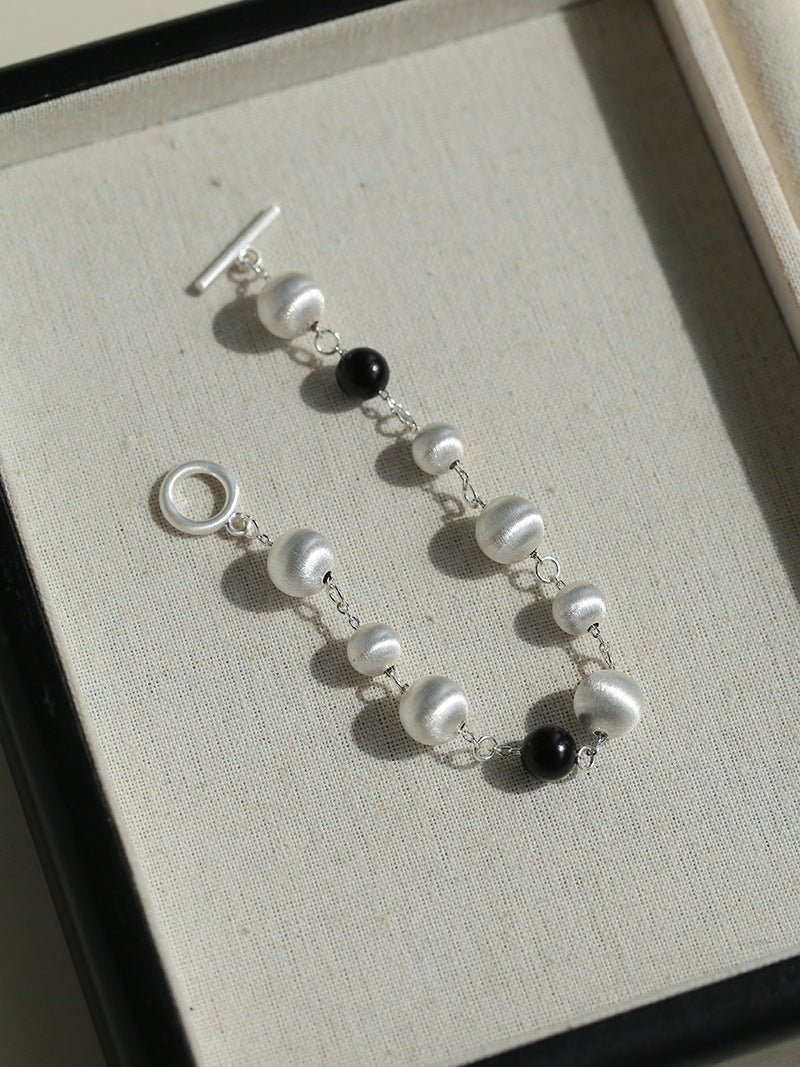 Black Ebony Wood and Brushed Silver Ball Bracelet - floysun