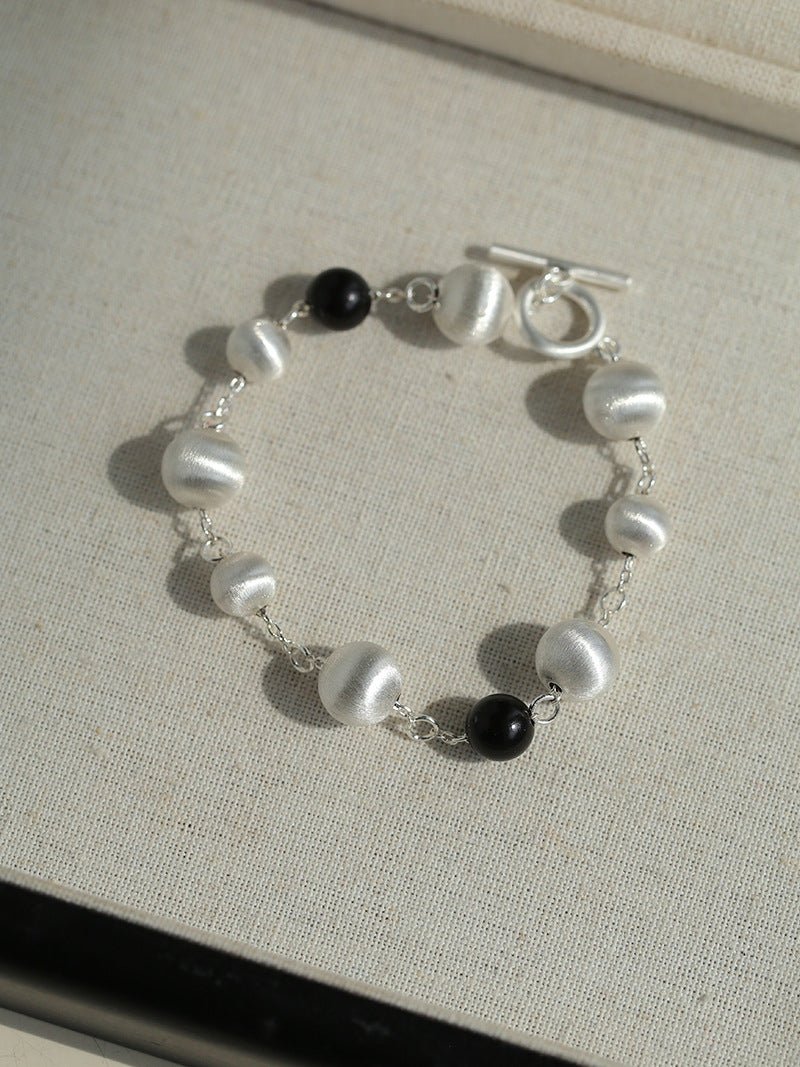 Black Ebony Wood and Brushed Silver Ball Bracelet - floysun