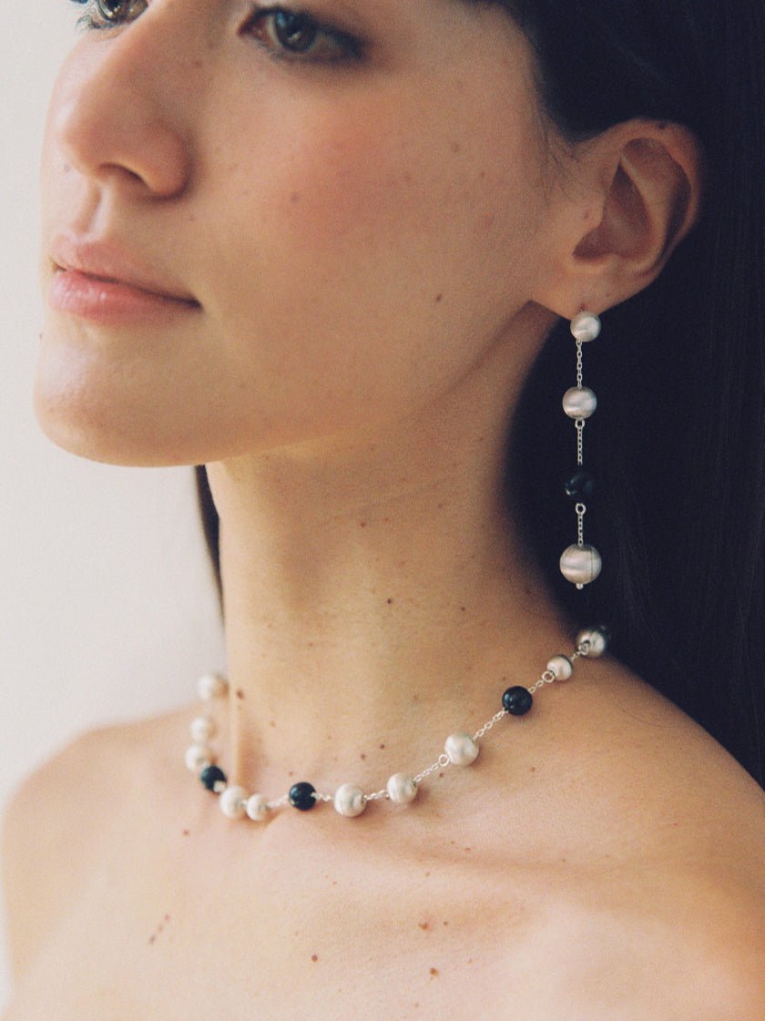 Black Ebony Wood and Brushed Silver Ball Necklace - floysun