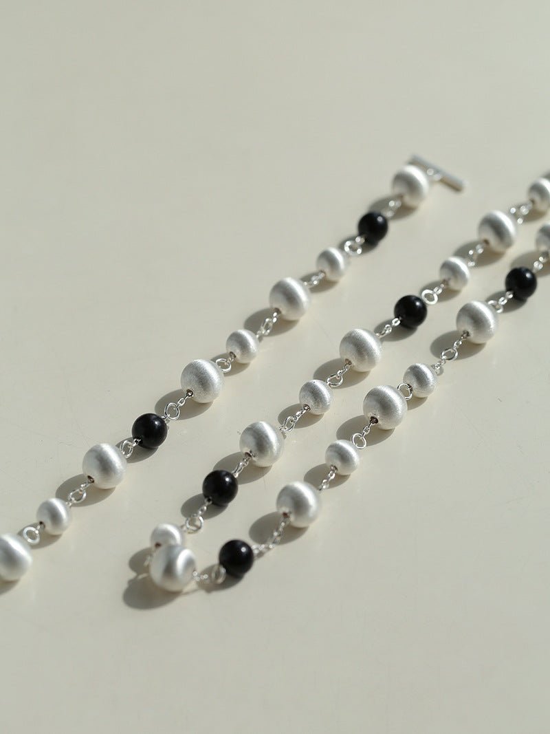 Black Ebony Wood and Brushed Silver Ball Necklace - floysun