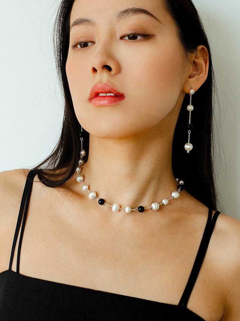 Black Ebony Wood and Brushed Silver Ball Necklace - floysun