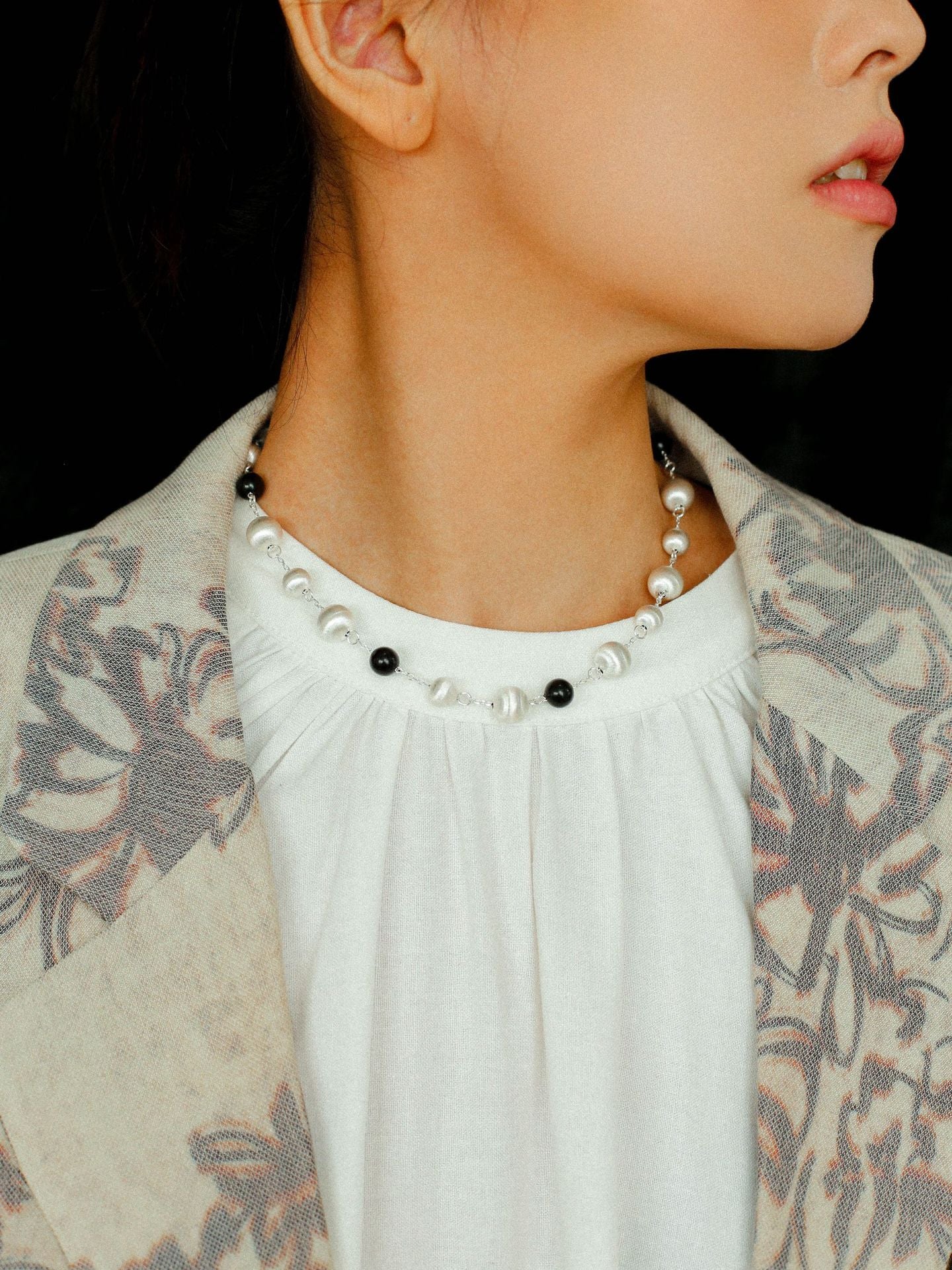 Black Ebony Wood and Brushed Silver Ball Necklace - floysun