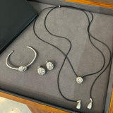 Black Leather Cord Pendant Necklace with Double Teardrop Silver Beads - floysun