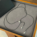 Black Leather Cord Pendant Necklace with Double Teardrop Silver Beads - floysun