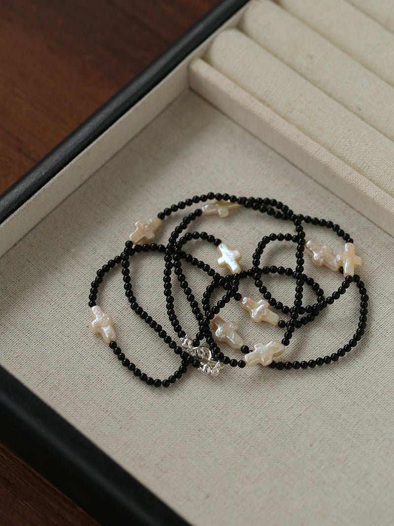 Black Onyx Cross Baroque Pearl Long Beaded Necklace - floysun