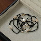 Black Onyx Cross Baroque Pearl Long Beaded Necklace - floysun