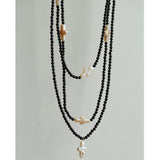 Black Onyx Cross Baroque Pearl Long Beaded Necklace - floysun