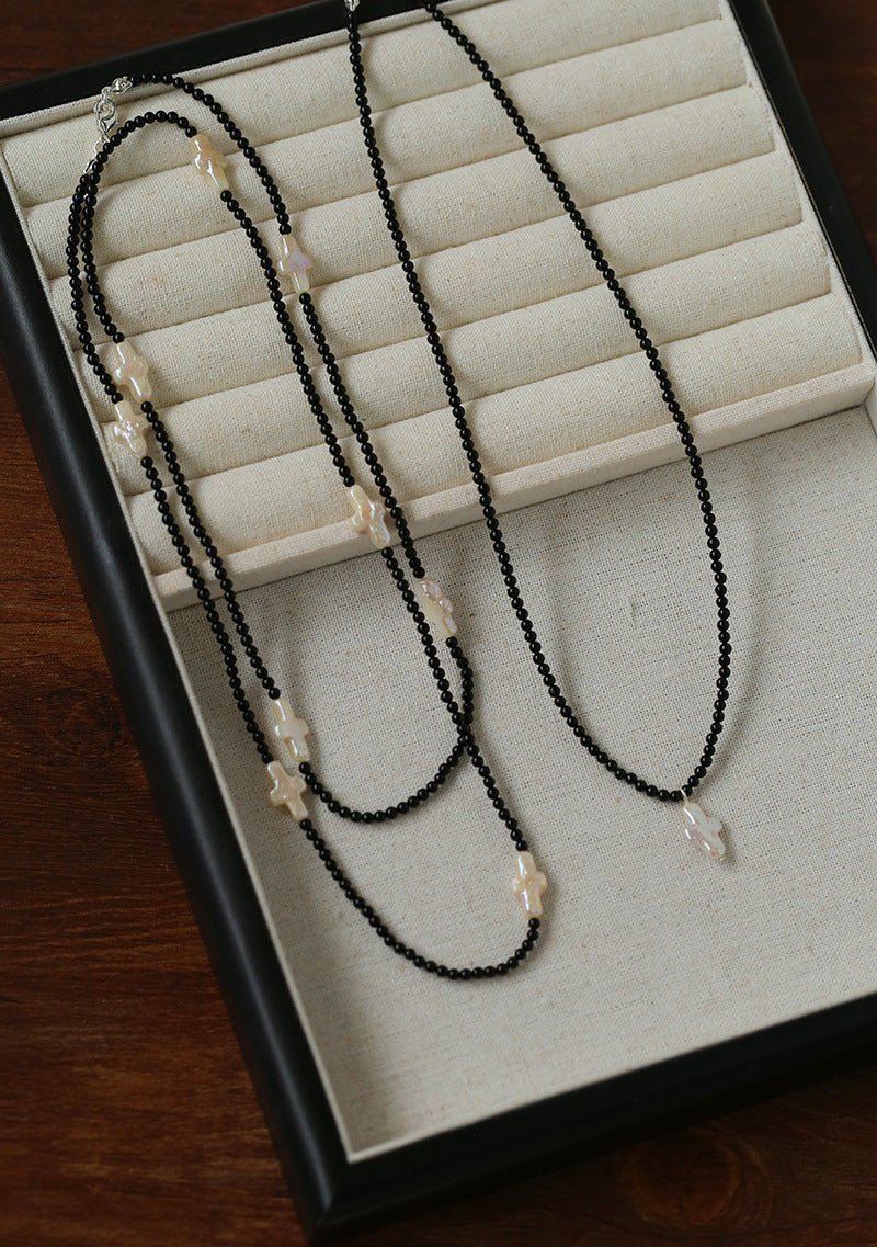 Black Onyx Cross Baroque Pearl Long Beaded Necklace - floysun