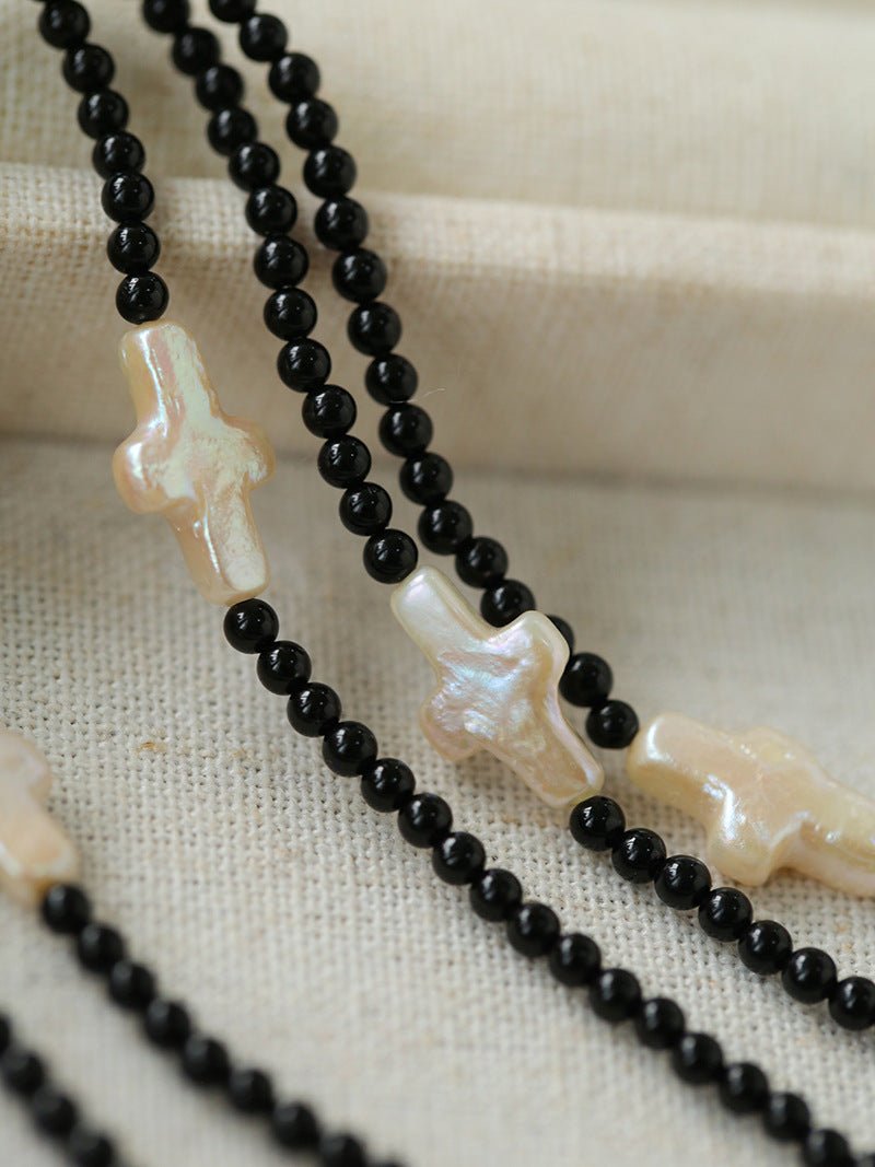 Black Onyx Cross Baroque Pearl Long Beaded Necklace - floysun