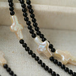 Black Onyx Cross Baroque Pearl Long Beaded Necklace - floysun