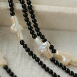 Black Onyx Cross Baroque Pearl Long Beaded Necklace - floysun