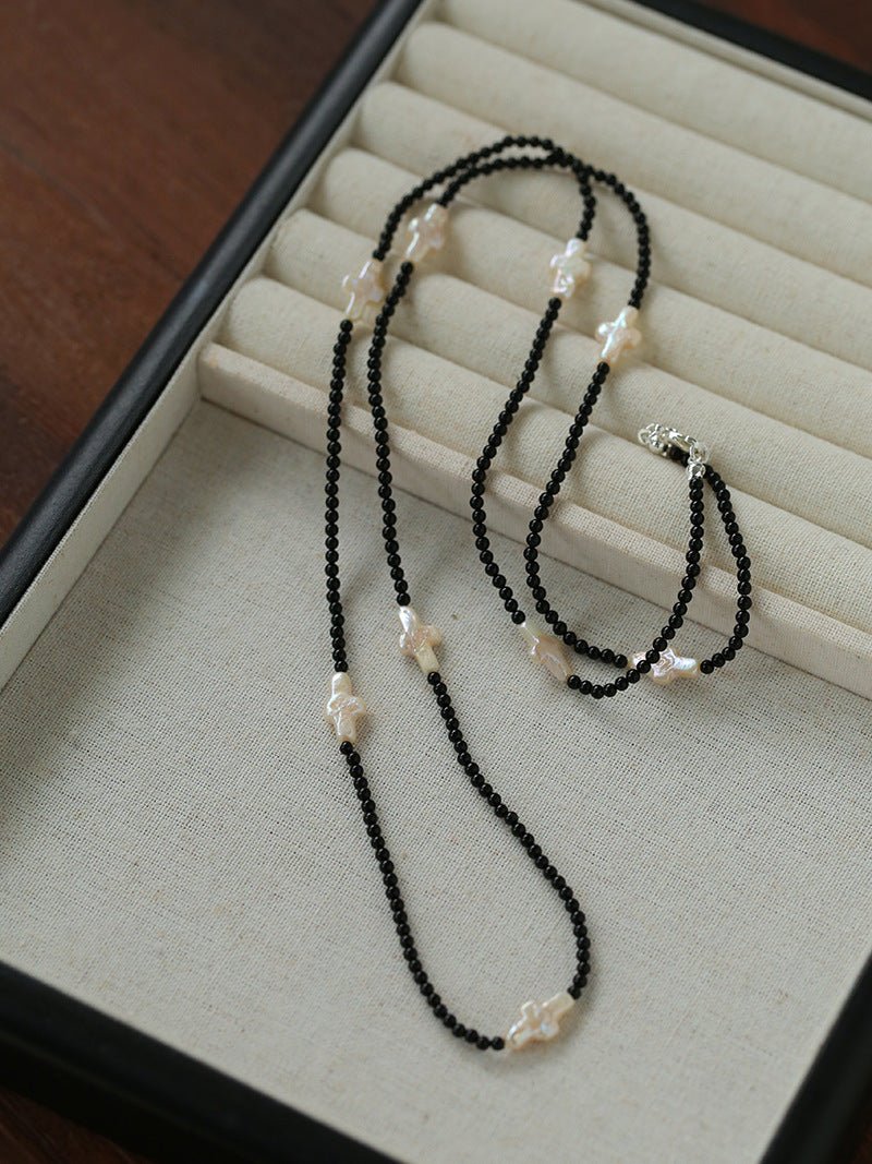 Black Onyx Cross Baroque Pearl Long Beaded Necklace - floysun