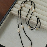 Black Onyx Cross Baroque Pearl Long Beaded Necklace - floysun