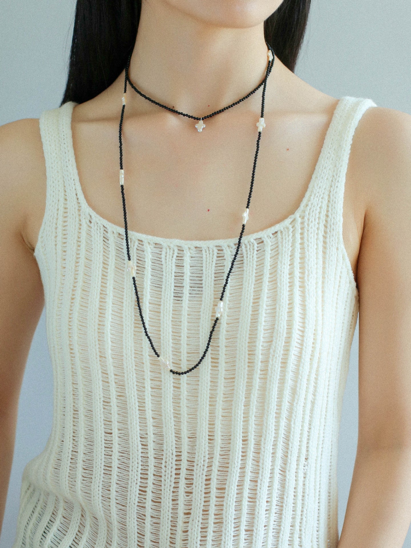 Black Onyx Cross Baroque Pearl Long Beaded Necklace - floysun