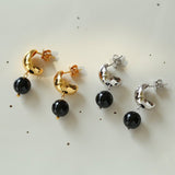 Black Onyx Drop Huggie Earrings - 18K Gold Vermeil