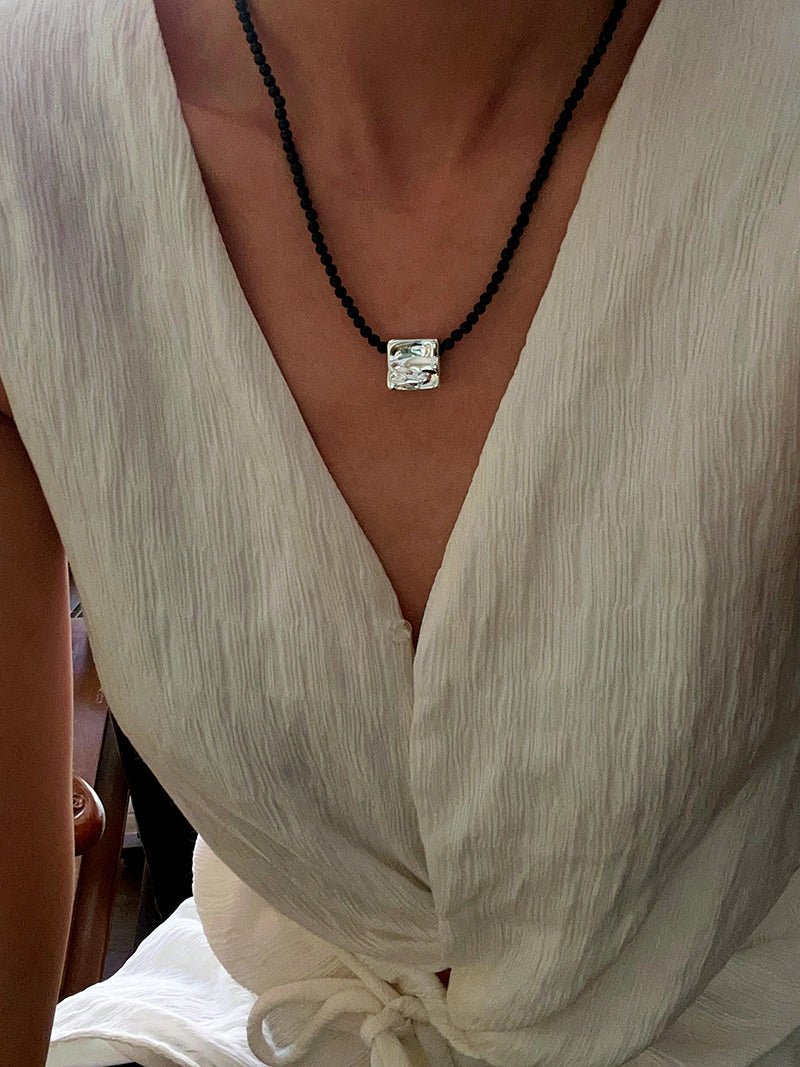 Black Onyx Square Necklace with Silver Cubes - floysun