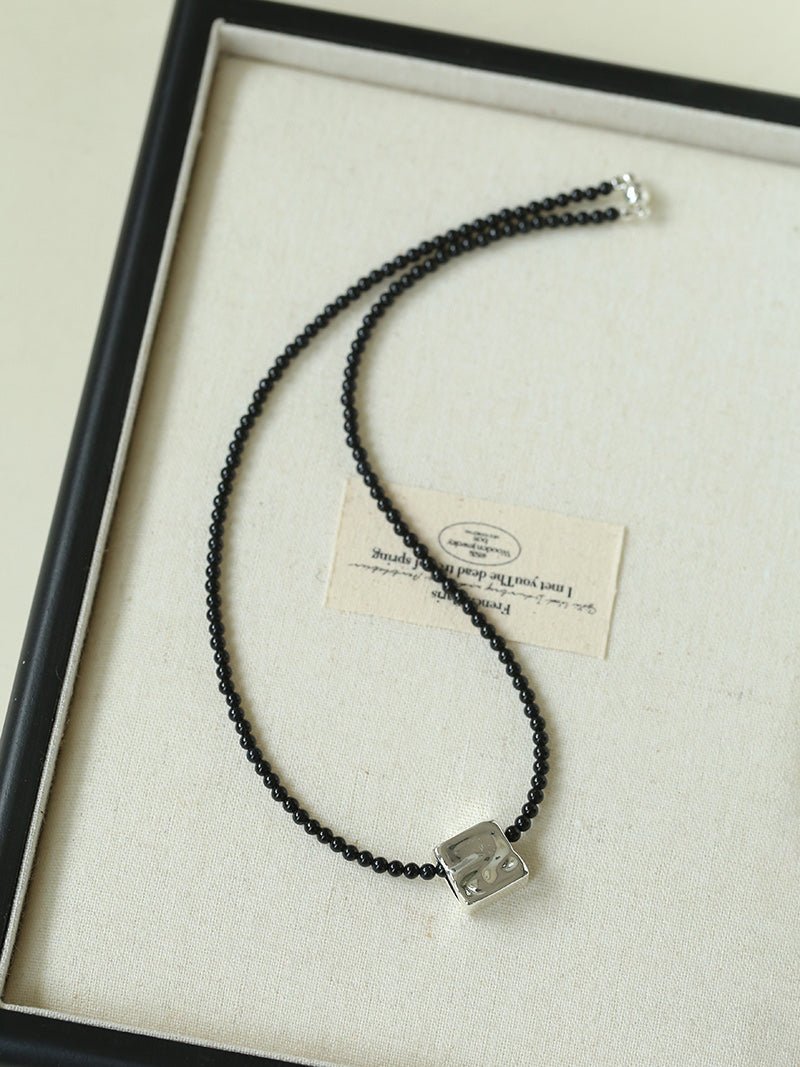 Black Onyx Square Necklace with Silver Cubes - floysun