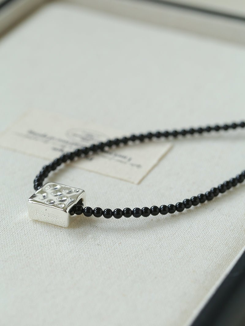 Black Onyx Square Necklace with Silver Cubes - floysun