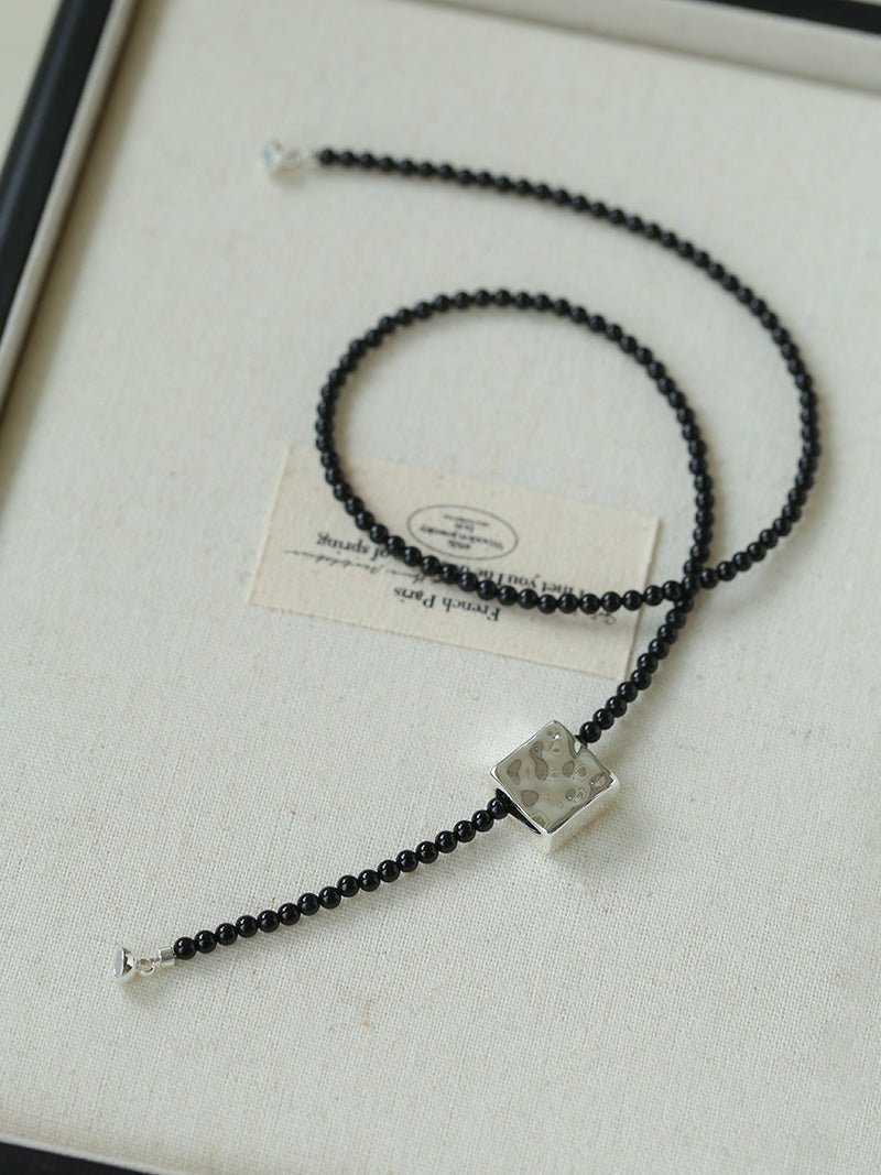 Black Onyx Square Necklace with Silver Cubes - floysun