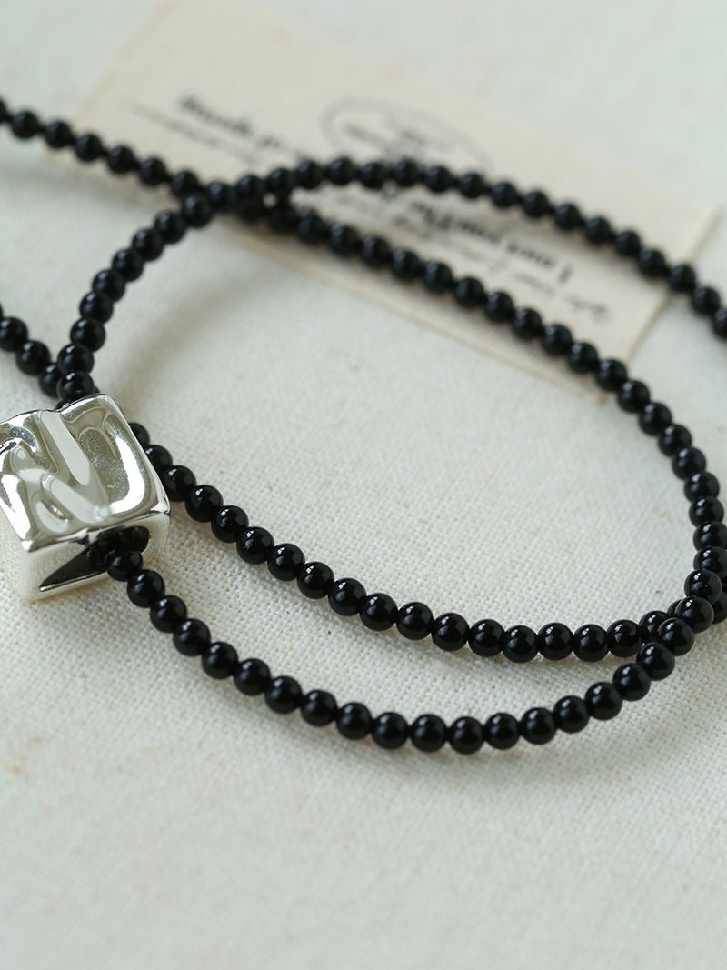 Black Onyx Square Necklace with Silver Cubes - floysun
