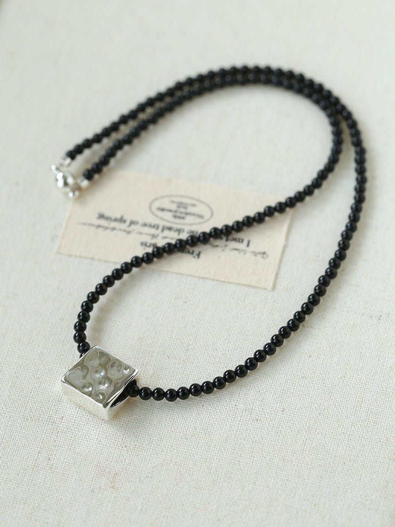 Black Onyx Square Necklace with Silver Cubes - floysun