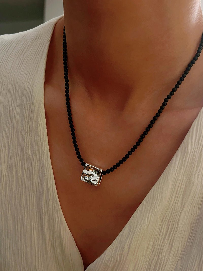 Black Onyx Square Necklace with Silver Cubes - floysun