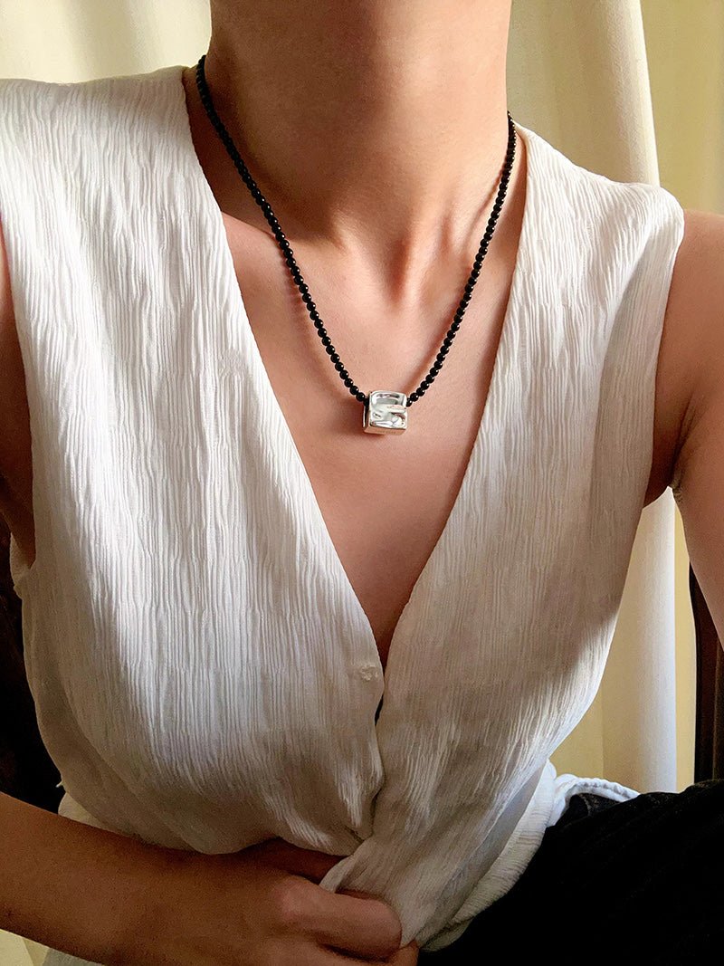Black Onyx Square Necklace with Silver Cubes - floysun